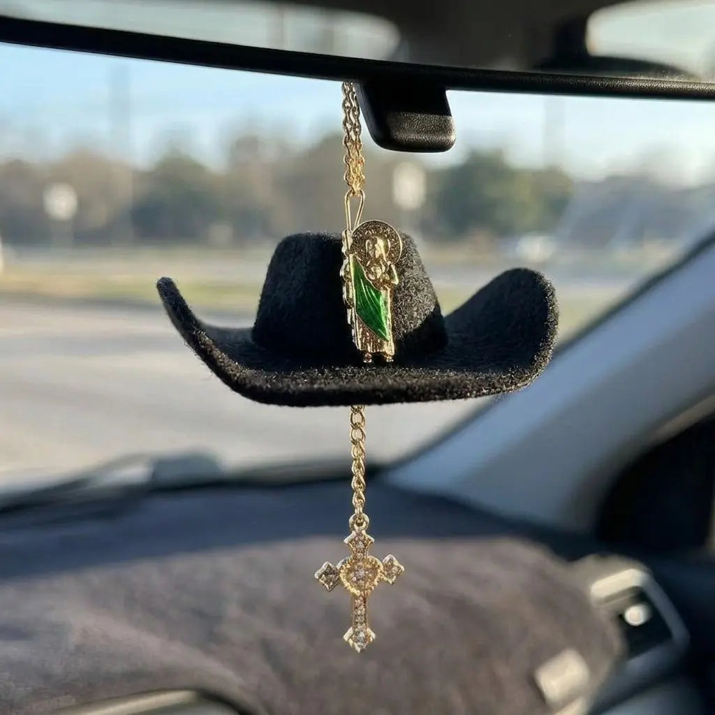 St. Jude Car Blessing Charm – Handmade Protection Ornament with Black Sombrero | Car Trinket & Decoration Gift