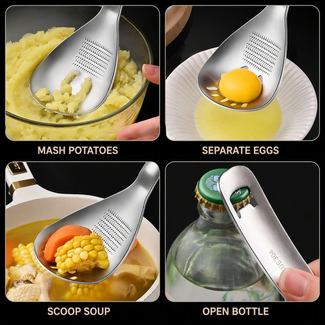 304 Stainless Steel Multifunctional Kitchen Spoon - Egg White Separator Ginger Garlic Grater Mud Masher