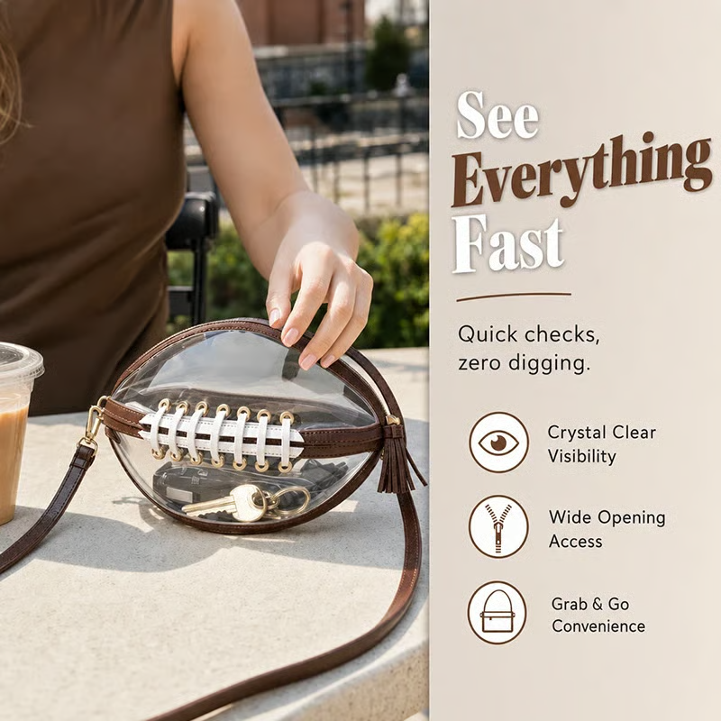 🏈 Clear Football-Shaped Crossbody Bag – Game-Day Style Meets Everyday Convenience ✨